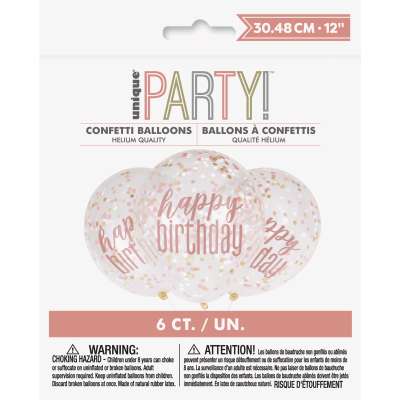 Rose Gold 'Happy Birthday' Confetti Filled Balloons 6 Pack - Optional Helium inflation