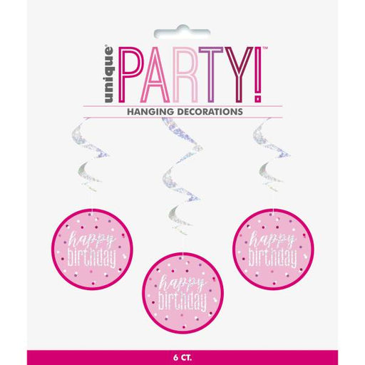 Pink & Silver Hanging Swirls 32"L "Happy Birthday" 6 Pack - Sweets 'n' Things