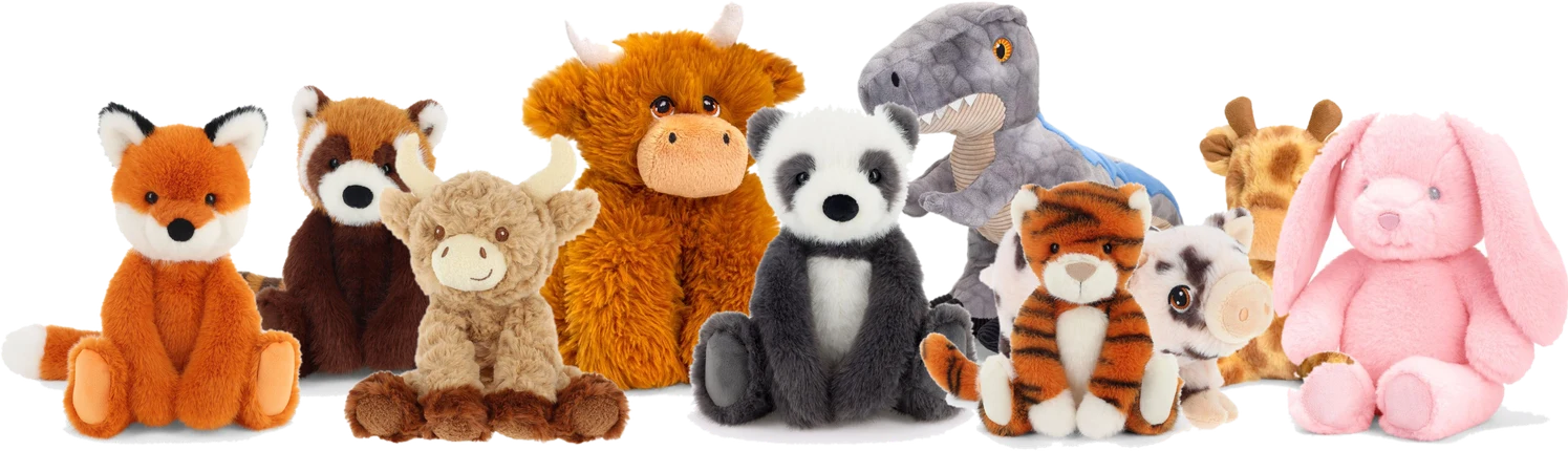 Keel Toys Highland cows, Enchanted World fox, panda and tiger, a raptor and a pink bunny